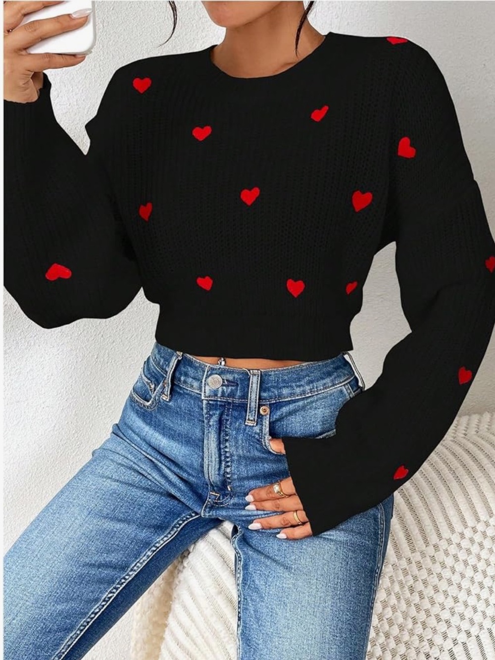 Women's Black Cropped Sweater with Red Heart Pattern